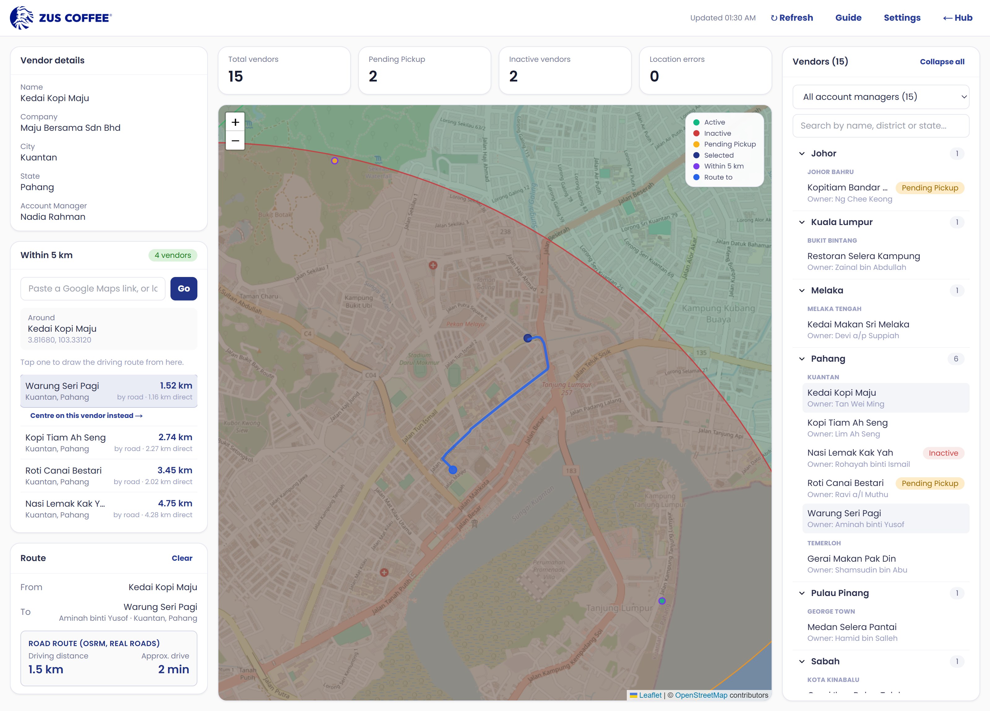 The Vendor Tracker map screen. Across the top: when the list was last updated, then Refresh, Guide and Settings. Down the left: a vendor details card, a Within 5 km card listing four nearby vendors with road distances, and a Route card reading 1.5 kilometres and 2 minutes. In the middle: a street map with a blue driving route drawn between two vendors and a red arc marking the 5 kilometre edge. Down the right: the vendor list grouped by state and district, each vendor showing its owner and a status tag. Every vendor shown is invented.